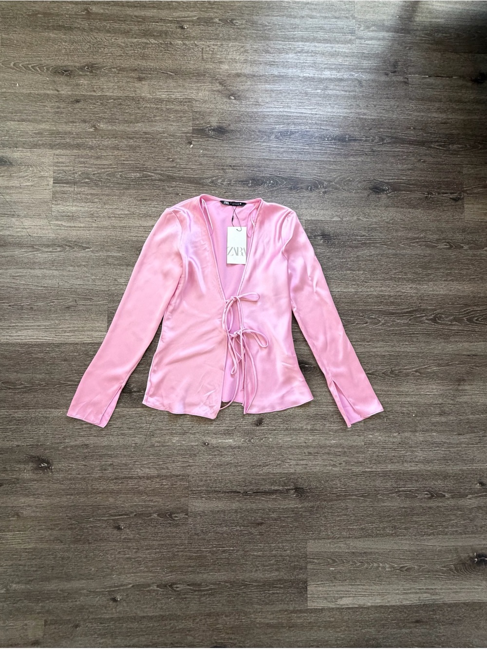 Zara Light Pink Satin Tie-Front Blouse
